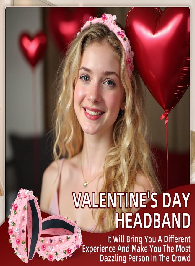 BLAAROOM Valentines Day Headband for Women Pink Knotted Headbands with Pearl Rhinestone Jeweled Hairband Fashion Valentine Holiday Wide Head Band Hair Accessories Gifts for Girls Teen - Pink - Image 4
